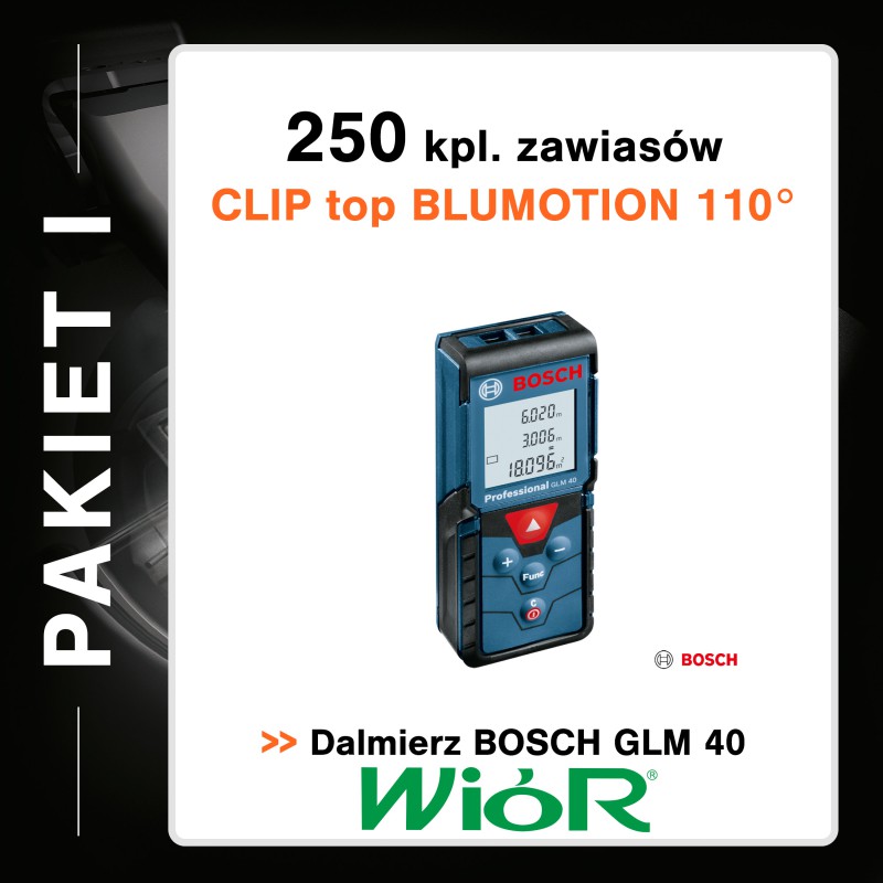 Promocja Blum 250 zawiasów (71B3550) + prowadnik na wkręty (173L6100) + Dalmierz Bosch GLM 40